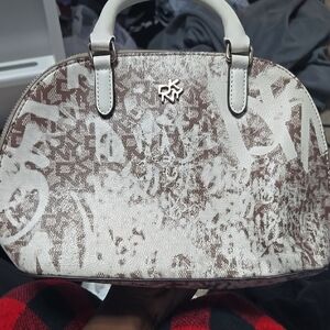 DKNY White and Brown Satchel with Textured Design